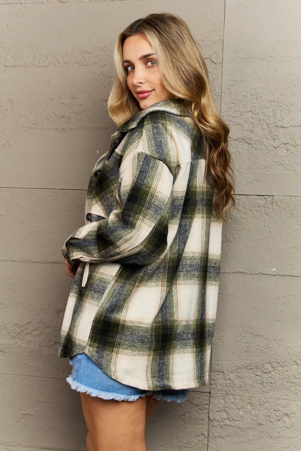 The Fireplace Oversized Plaid Shacket in Olive