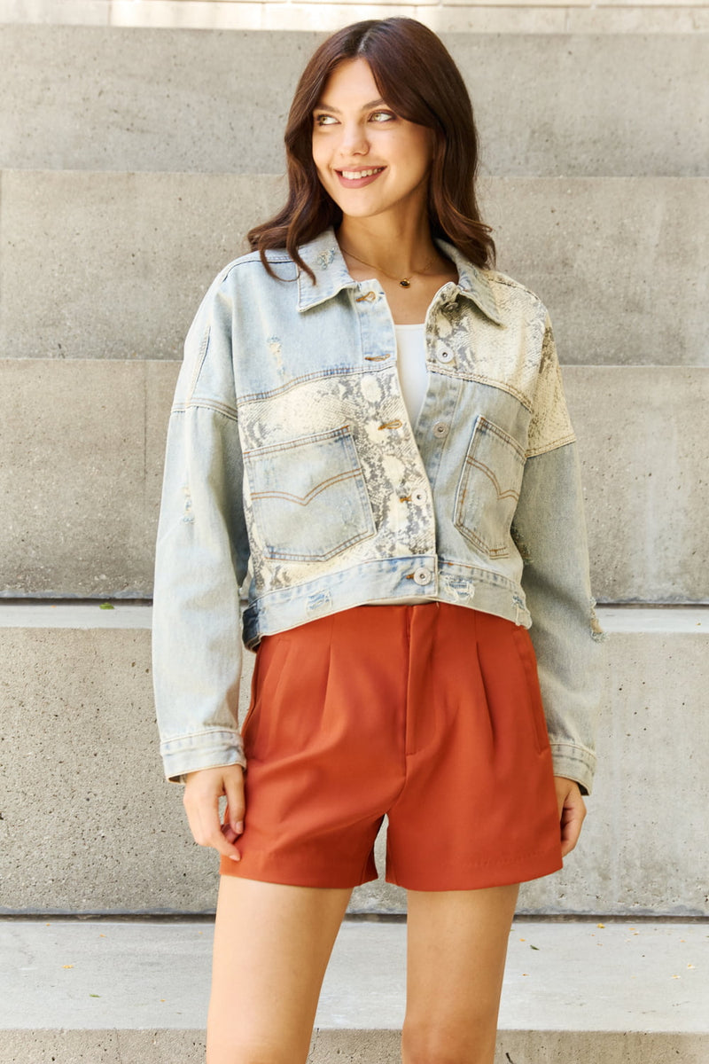 Morning Chills Oversized Snake Print Denim Jacket