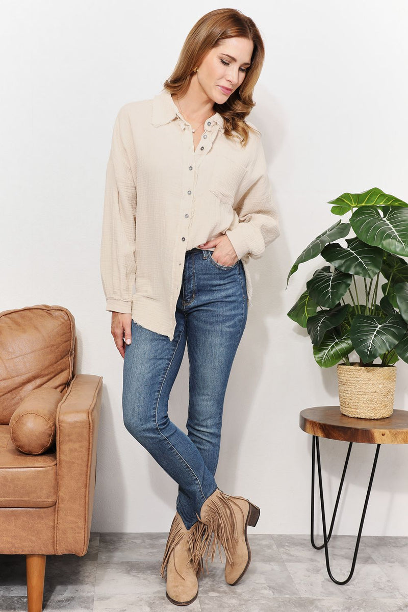 Take A Break Gauze Raw Edge Button-Up Shirt