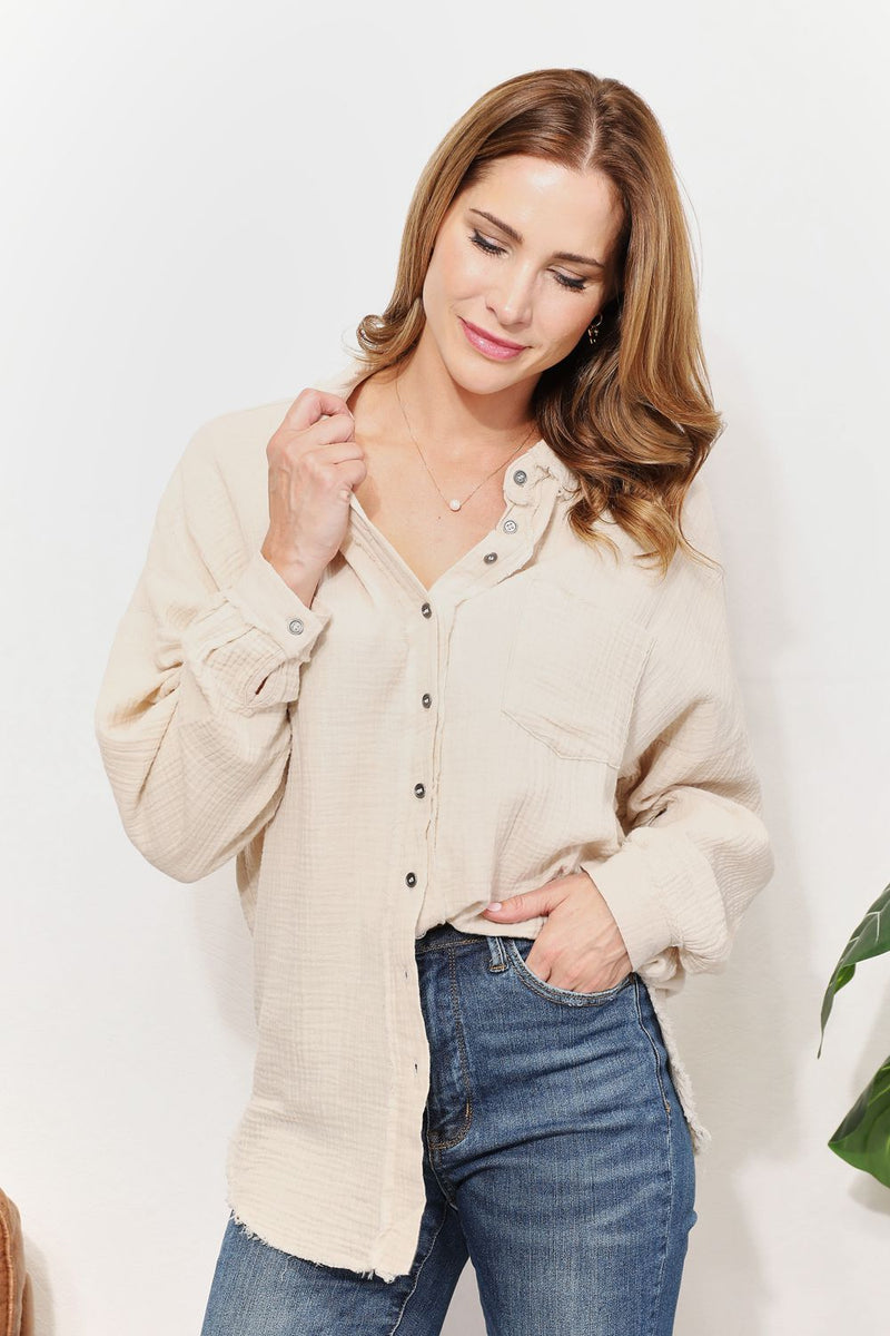 Take A Break Gauze Raw Edge Button-Up Shirt