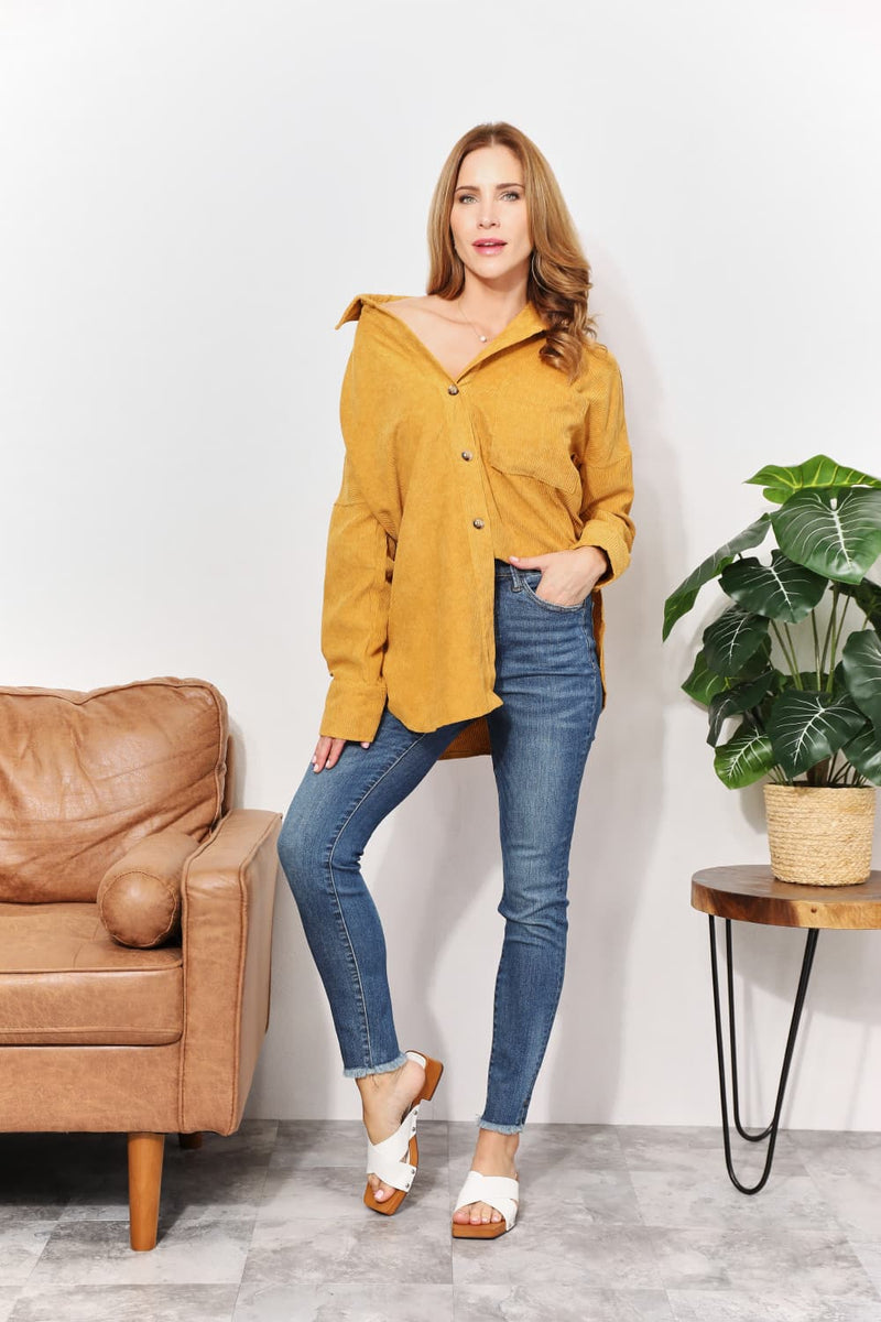 Oversized Corduroy  Button-Down Tunic Shirt with Bust Pocket