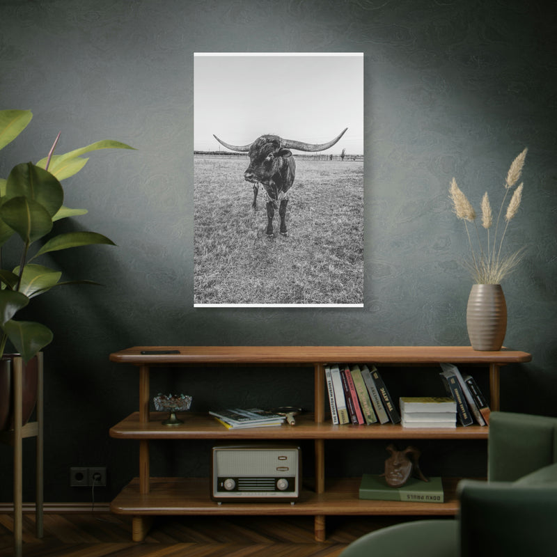 B&W Longhorn Bull Vertical Canvas