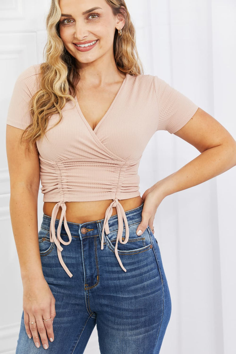 Back To Simple Ribbed Front Scrunched Top in Blush
