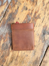 Photo of back of brown leather boot wallet with wood background