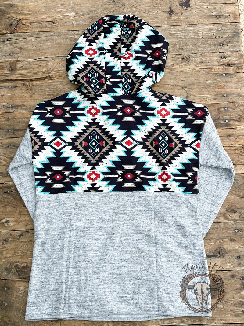 Grey Aztec Print Hoodie- Medium
