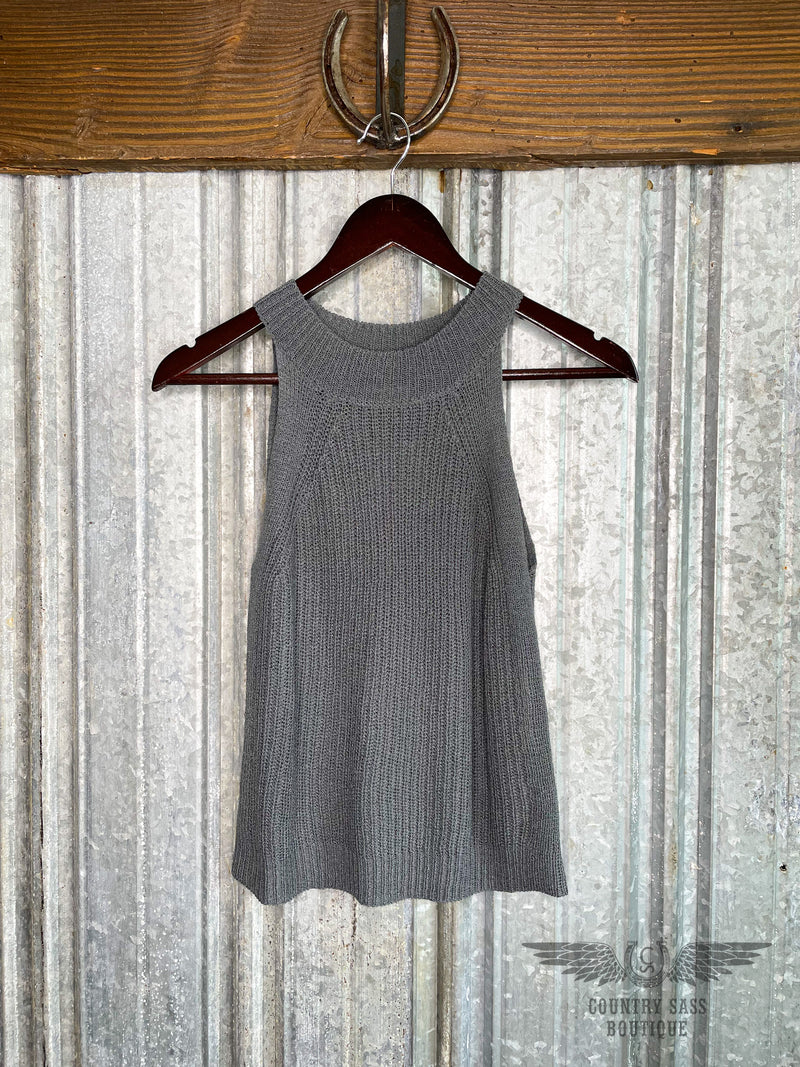 Image of dark grey tank that has a high halter neck and is made with a knit fabric.