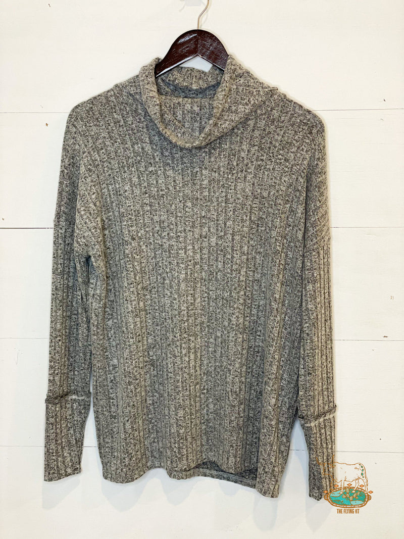 Grey Ribbed Turtleneck Top