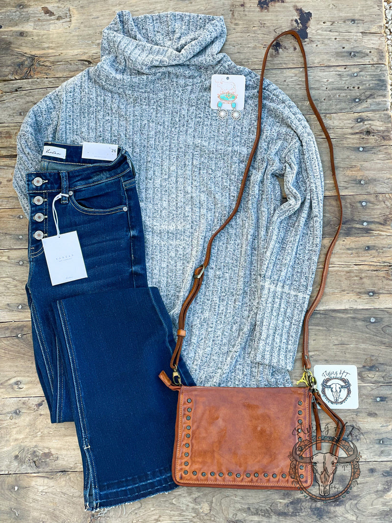 Grey Ribbed Turtleneck Top