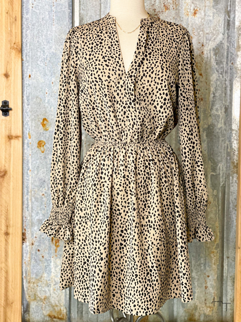 Photo of long sleeve latte brown dress with black spots with a V neck on a mannequin with tin background