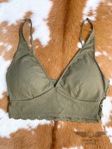 Olive Ribbed Lace Bralette