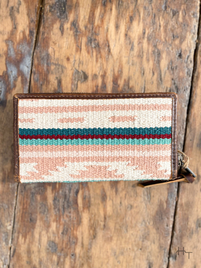 Photo of back of pastel aztec woven fabric wallet