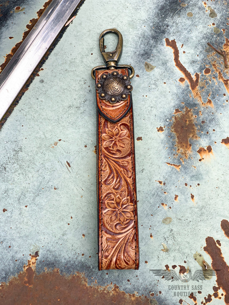 Tooled Leather Wristlet Keychain