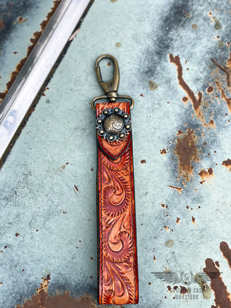 Tooled Leather Wristlet Keychain