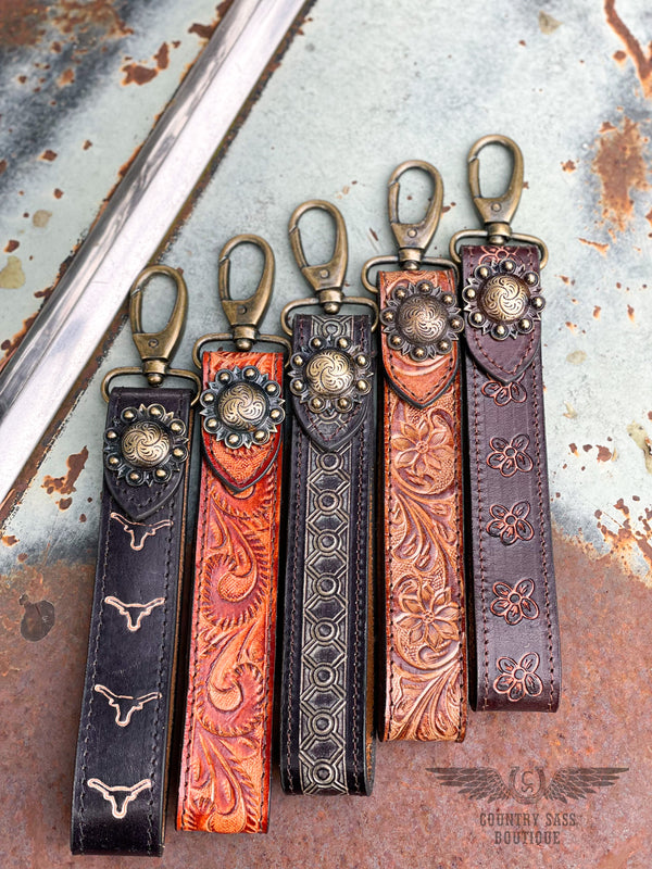 Tooled Leather Wristlet Keychain